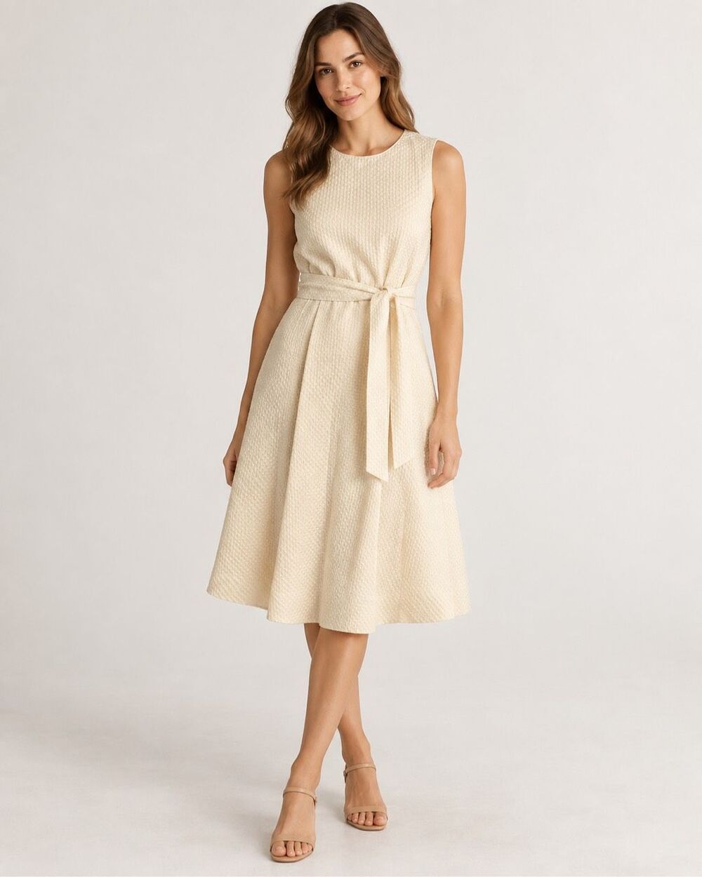 Elizabeth McKay 100% Wool Cream Textured Belted Fit Flare Midi Dress Size 10